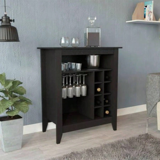 Essential Bar Cabinet, One Open Shelf, Six Built - in Wine Rack, One Drawer - Black