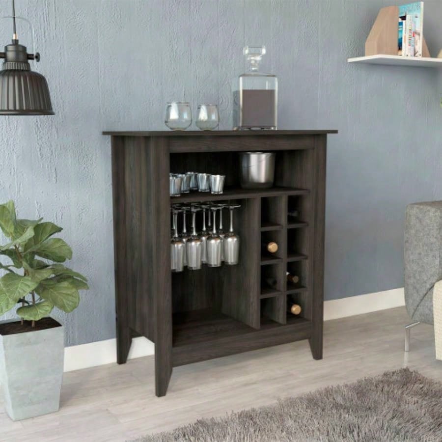 Essential Bar Cabinet, One Open Shelf, Six Built - in Wine Rack, One Drawer - Black