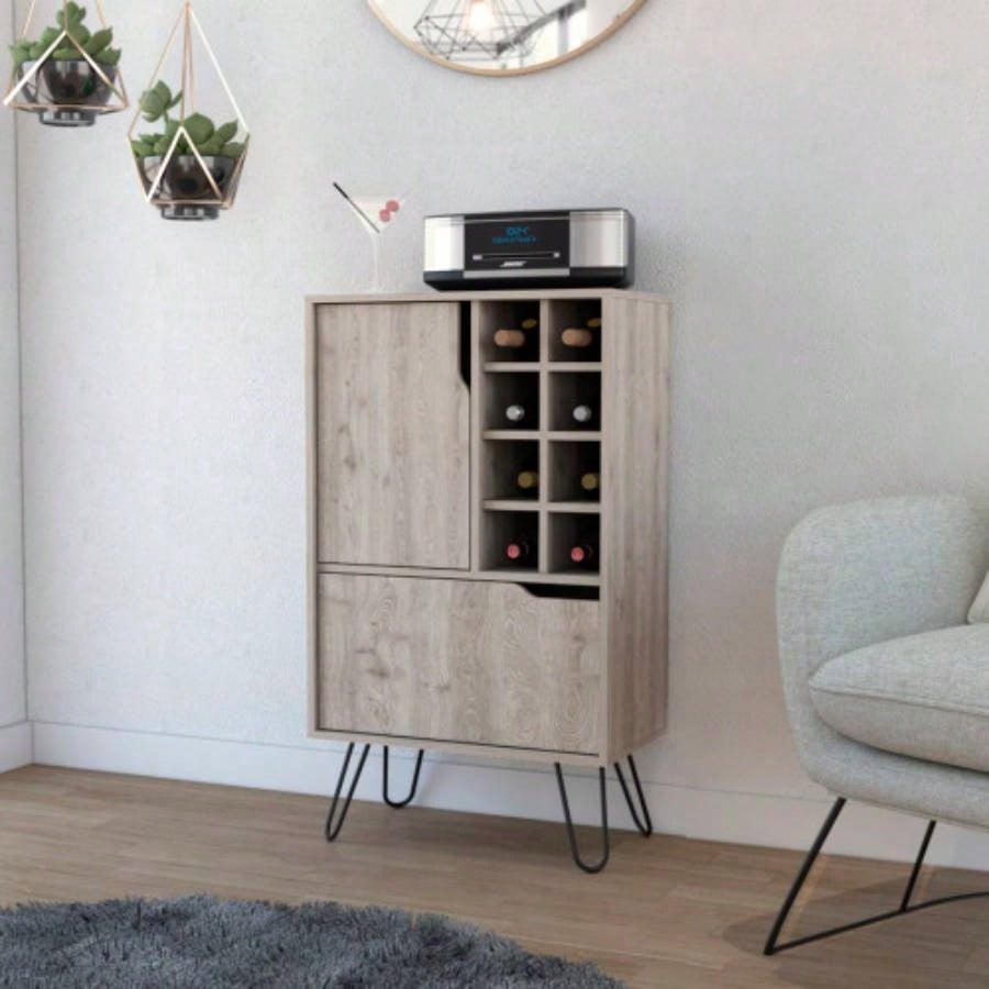 Manhattan L Bar Cabinet, Eight Built - in Wine Rack, Single Door - Light Gray