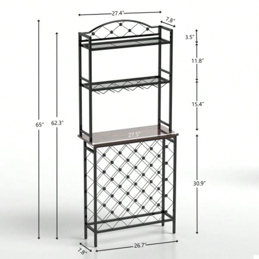 Industrial Wine Rack Bar Table, 3 - Tier Liquor Bottle and Glass Holder with Storage Shelves, Metal and Wood Wine Organizer Home Kitchen, Dining Room, and Living Room
