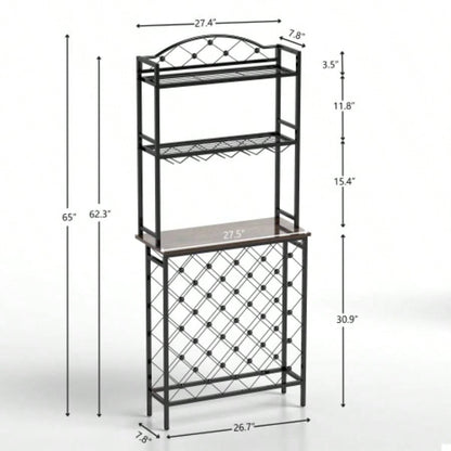 Industrial Wine Rack Bar Table, 3 - Tier Liquor Bottle and Glass Holder with Storage Shelves, Metal and Wood Wine Organizer Home Kitchen, Dining Room, and Living Room