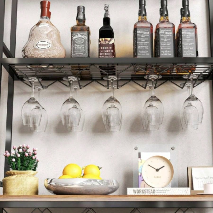 Industrial Wine Rack Bar Table, 3 - Tier Liquor Bottle and Glass Holder with Storage Shelves, Metal and Wood Wine Organizer Home Kitchen, Dining Room, and Living Room