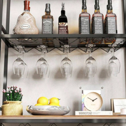Industrial Wine Rack Bar Table, 3 - Tier Liquor Bottle and Glass Holder with Storage Shelves, Metal and Wood Wine Organizer Home Kitchen, Dining Room, and Living Room