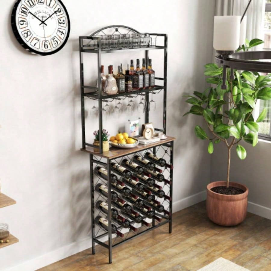 Industrial Wine Rack Bar Table, 3 - Tier Liquor Bottle and Glass Holder with Storage Shelves, Metal and Wood Wine Organizer Home Kitchen, Dining Room, and Living Room