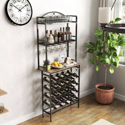 Industrial Wine Rack Bar Table, 3 - Tier Liquor Bottle and Glass Holder with Storage Shelves, Metal and Wood Wine Organizer Home Kitchen, Dining Room, and Living Room
