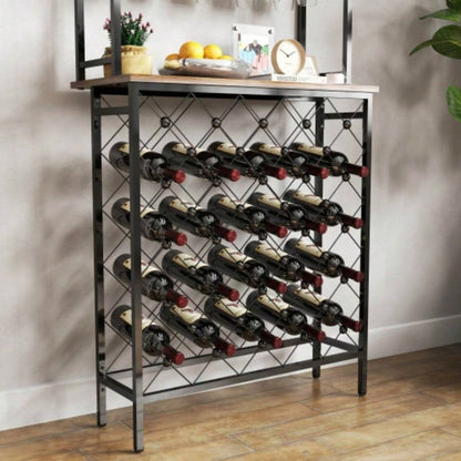 Industrial Wine Rack Bar Table, 3 - Tier Liquor Bottle and Glass Holder with Storage Shelves, Metal and Wood Wine Organizer Home Kitchen, Dining Room, and Living Room