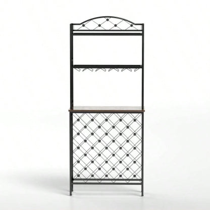 Industrial Wine Rack Bar Table, 3 - Tier Liquor Bottle and Glass Holder with Storage Shelves, Metal and Wood Wine Organizer Home Kitchen, Dining Room, and Living Room