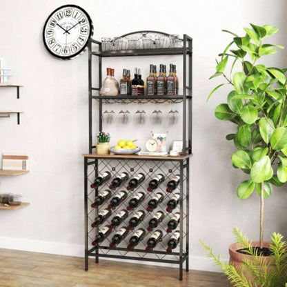 Industrial Wine Rack Bar Table, 3 - Tier Liquor Bottle and Glass Holder with Storage Shelves, Metal and Wood Wine Organizer Home Kitchen, Dining Room, and Living Room