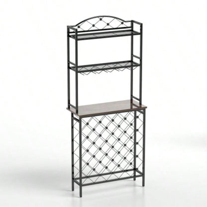 Industrial Wine Rack Bar Table, 3 - Tier Liquor Bottle and Glass Holder with Storage Shelves, Metal and Wood Wine Organizer Home Kitchen, Dining Room, and Living Room