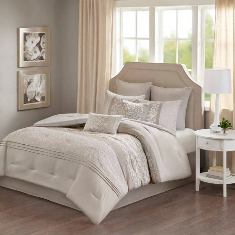 Embroidered 8 Piece Comforter Set Neutral King