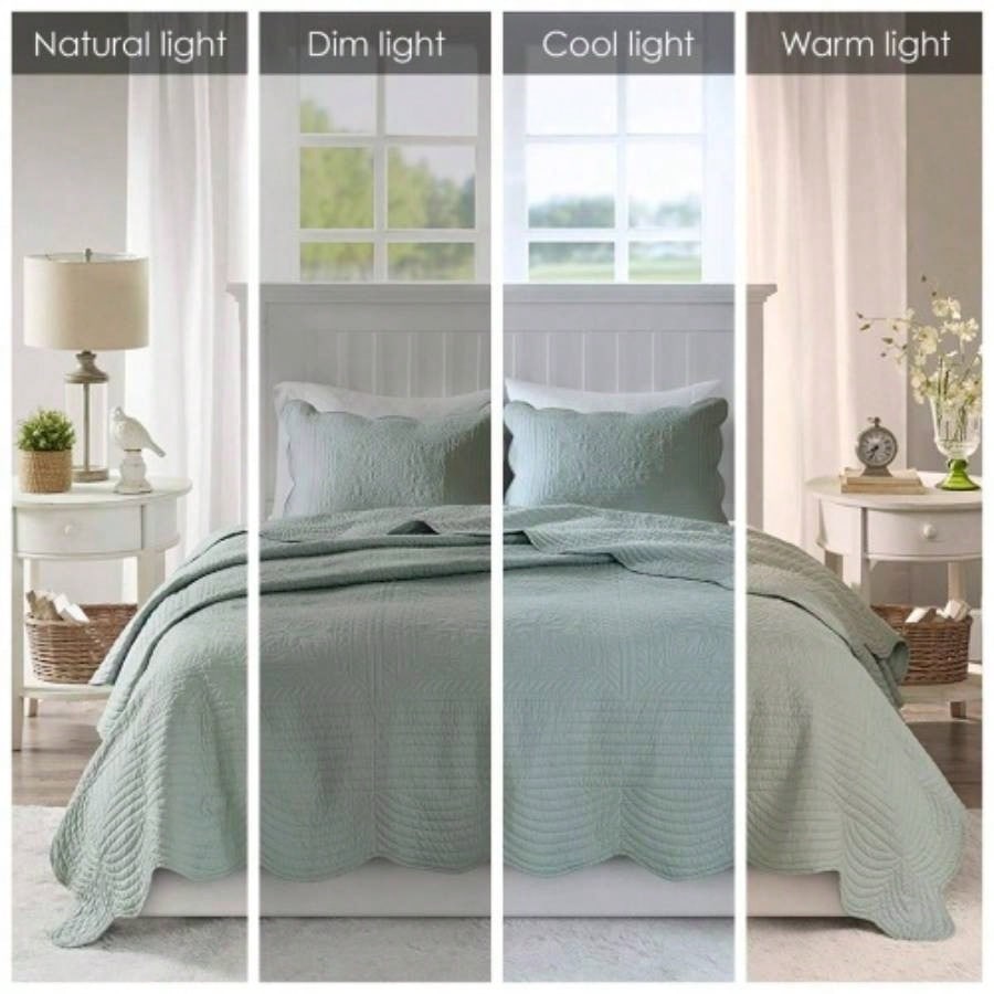 3 Piece Reversible Scalloped Quilt Set Seafoam King/Cal King