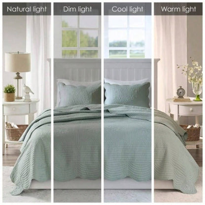 3 Piece Reversible Scalloped Quilt Set Seafoam King/Cal King