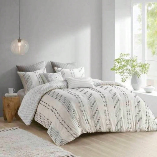 3 Piece Cotton Jacquard Comforter Set Ivory Full/