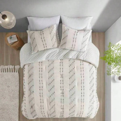 3 Piece Cotton Jacquard Comforter Set Ivory Full/