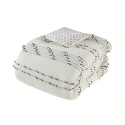 3 Piece Cotton Jacquard Comforter Set Ivory Full/