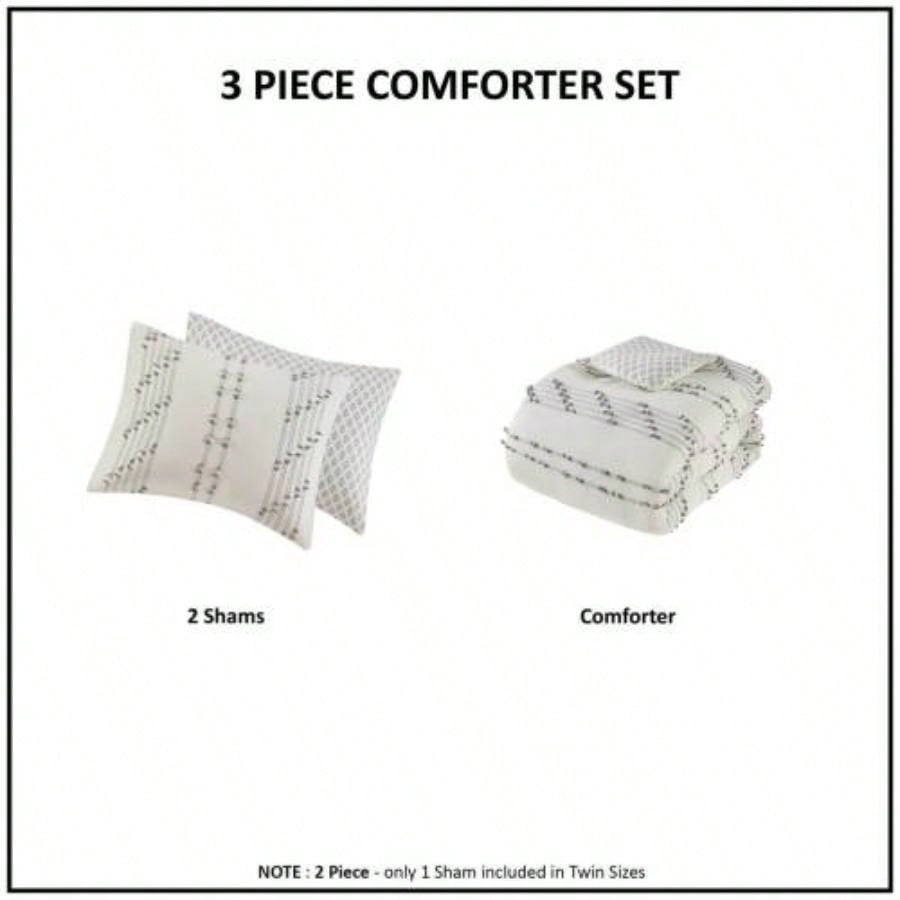 3 Piece Cotton Jacquard Comforter Set Ivory Full/