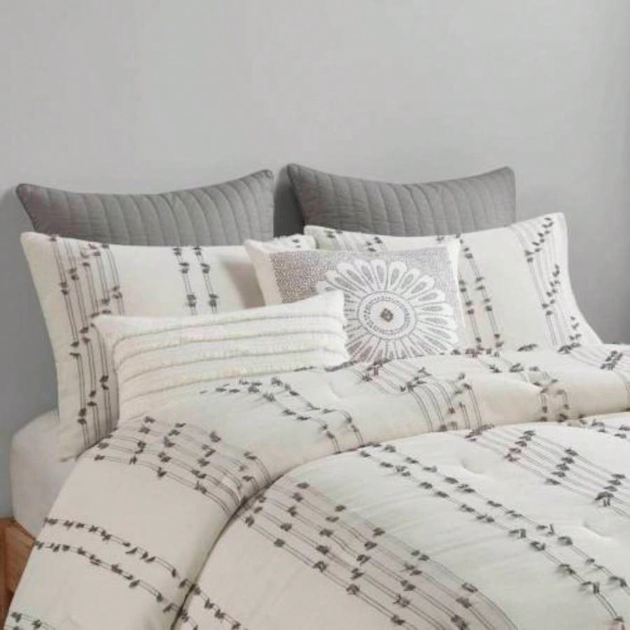 3 Piece Cotton Jacquard Comforter Set Ivory Full/