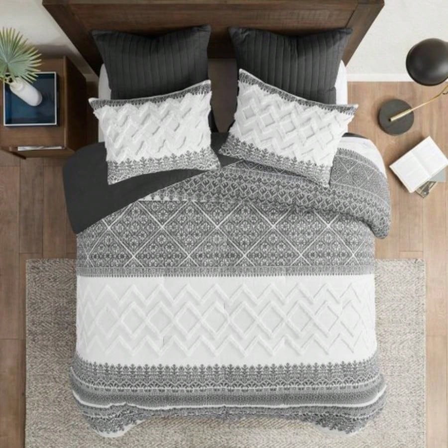 3 Piece Cotton Comforter Set with Chenille Tufting Gray King/Cal King