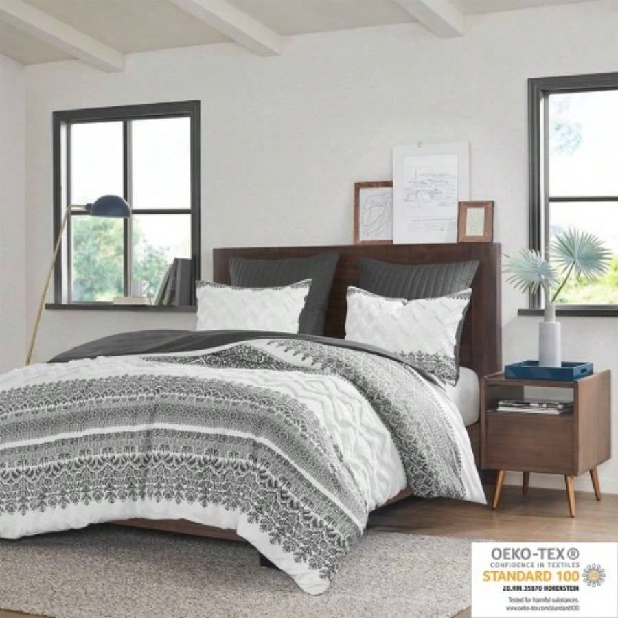 3 Piece Cotton Comforter Set with Chenille Tufting Gray King/Cal King