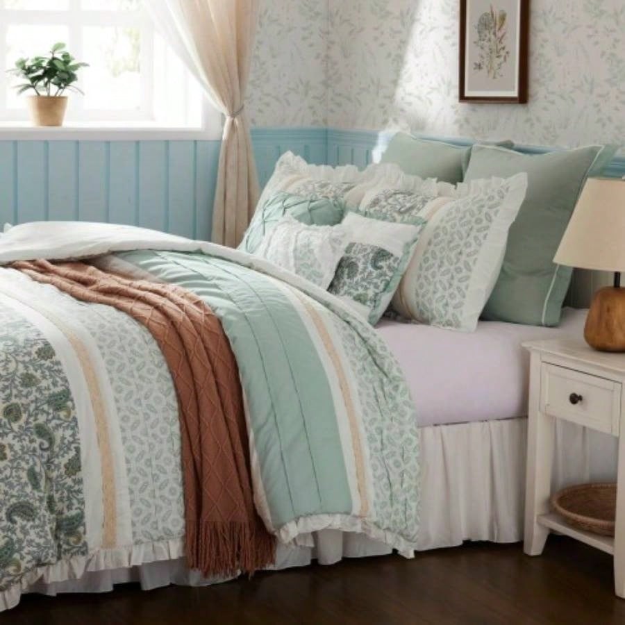 9 Piece Cotton Percale Comforter Set Aqua King