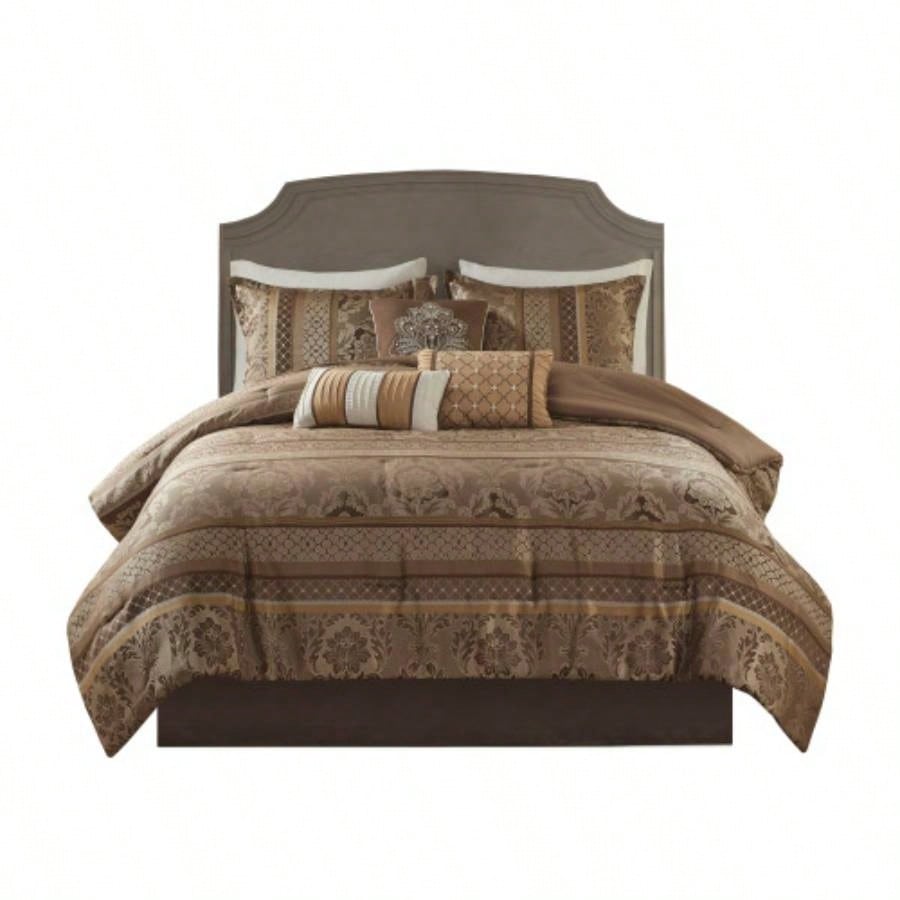 Piece Jacquard Comforter Set Brown/Gold
