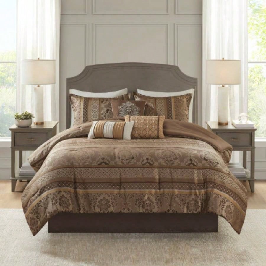 Piece Jacquard Comforter Set Brown/Gold
