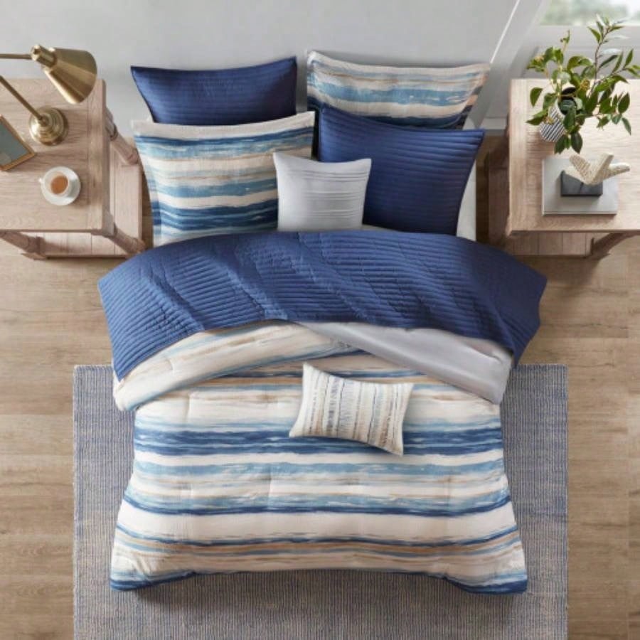 8 Piece Printed Seersucker Comforter and Quilt Set Blue Full/