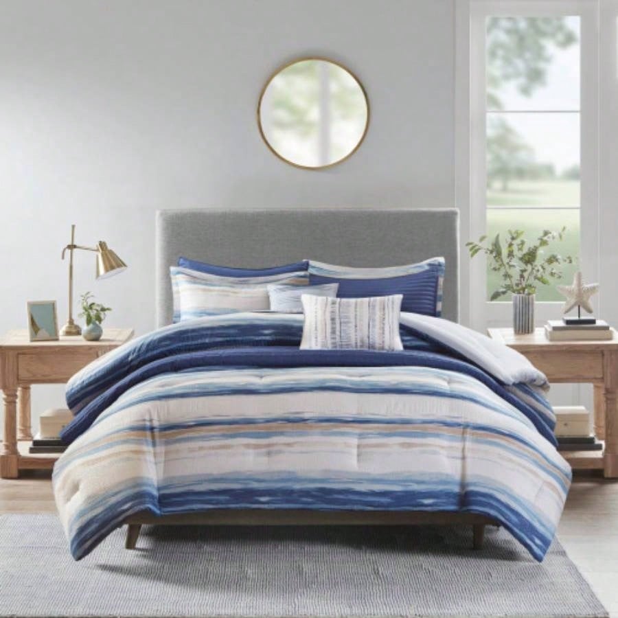 8 Piece Printed Seersucker Comforter and Quilt Set Blue Full/
