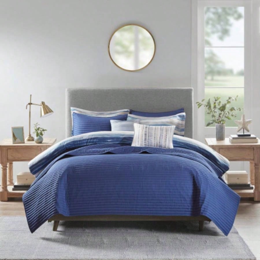 8 Piece Printed Seersucker Comforter and Quilt Set Blue Full/