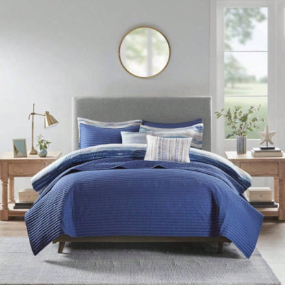 8 Piece Printed Seersucker Comforter and Quilt Set Blue Full/