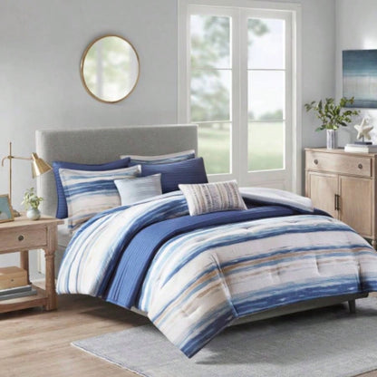 8 Piece Printed Seersucker Comforter and Quilt Set Blue Full/