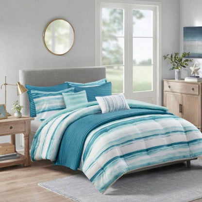 8 Piece Printed Seersucker Comforter and Quilt Set Blue Full/