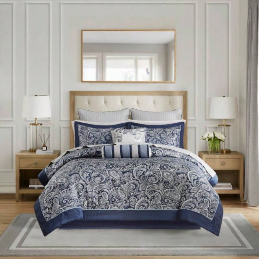 12 Piece Comforter Set with Cotton Bed Sheets Navy Cal King
