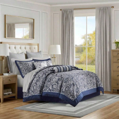 12 Piece Comforter Set with Cotton Bed Sheets Navy Cal King