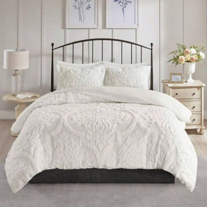 Full/ 3 Piece Tufted Cotton Chenille Damask Duvet Cover Set