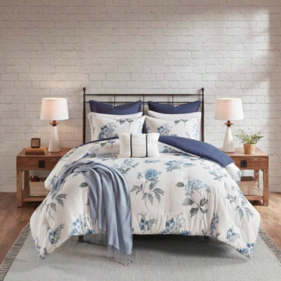 Piece Printed Seersucker Comforter Set with Throw Blanket Blue Full/