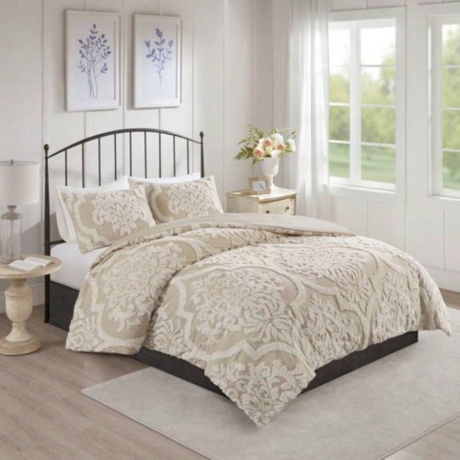 Full/ 3 Piece Tufted Cotton Chenille Damask Duvet Cover Set