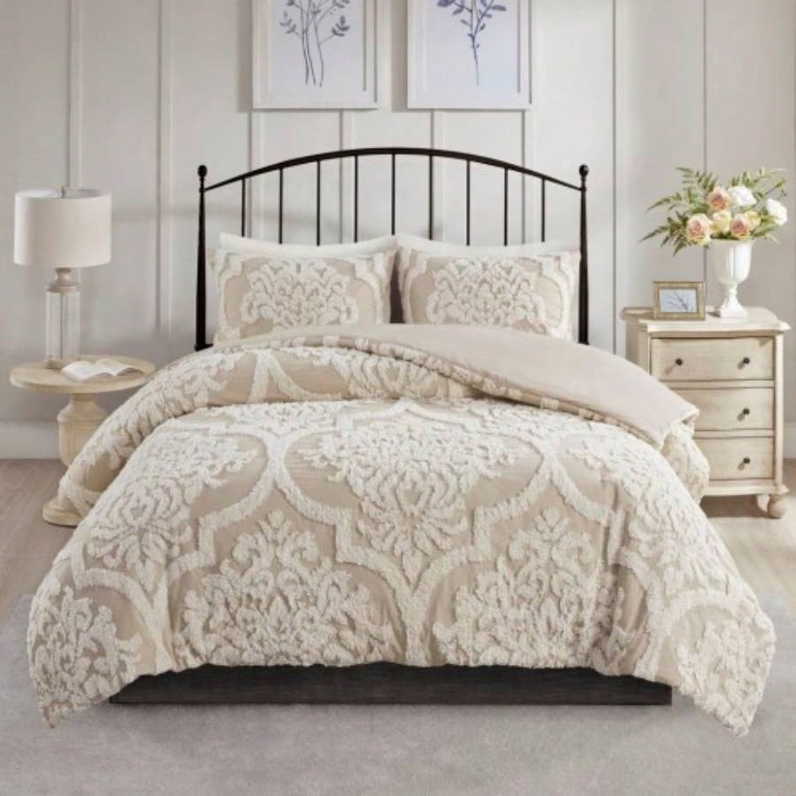 Full/ 3 Piece Tufted Cotton Chenille Damask Duvet Cover Set