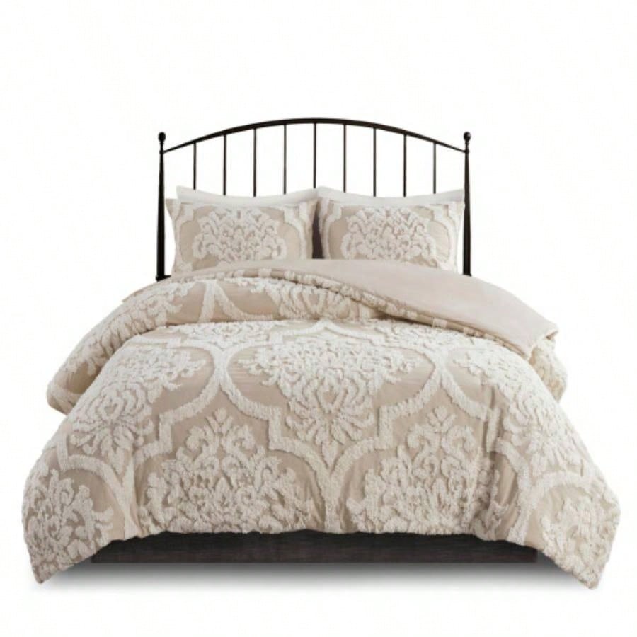3 piece Tufted Cotton Chenille Damask Comforter Set Taupe King/Cal King