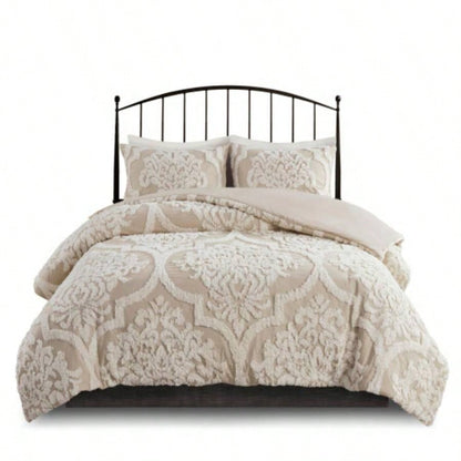 3 piece Tufted Cotton Chenille Damask Comforter Set Taupe King/Cal King