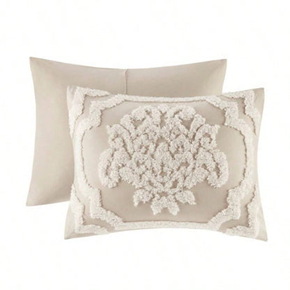 3 piece Tufted Cotton Chenille Damask Comforter Set Taupe King/Cal King