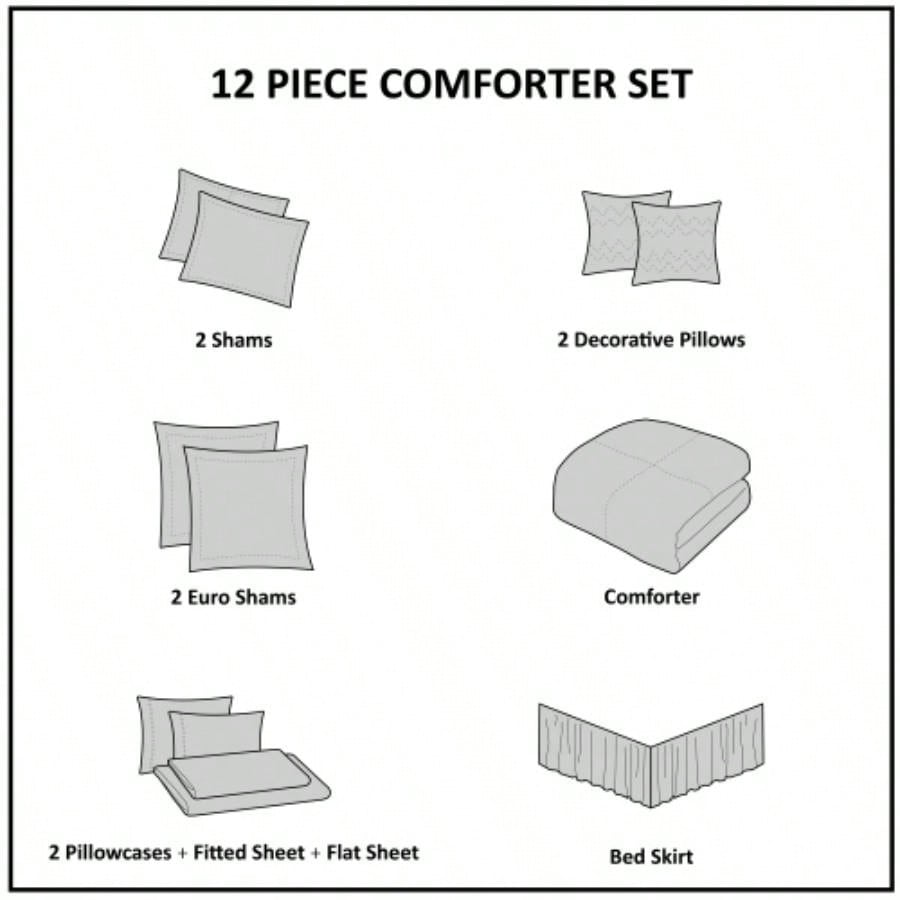 12 Piece Jacquard Comforter Set with Bed Sheets Khaki