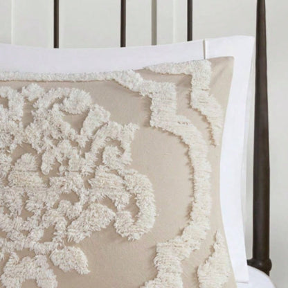 3 piece Tufted Cotton Chenille Damask Comforter Set Taupe King/Cal King
