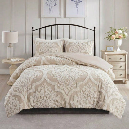 3 piece Tufted Cotton Chenille Damask Comforter Set Taupe King/Cal King