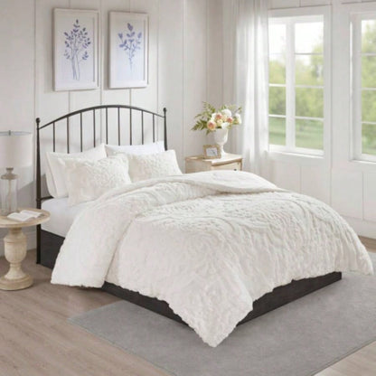 3 piece Tufted Cotton Chenille Damask Comforter Set Taupe King/Cal King