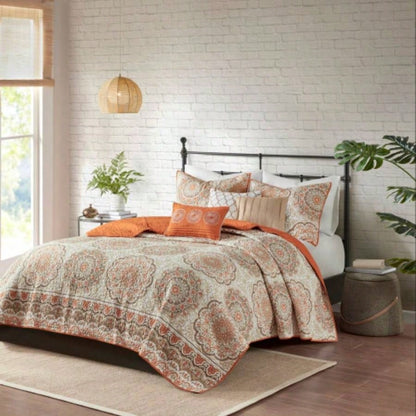 6 Piece Reversible Quilt Set with Throw Pillows Orange Full/