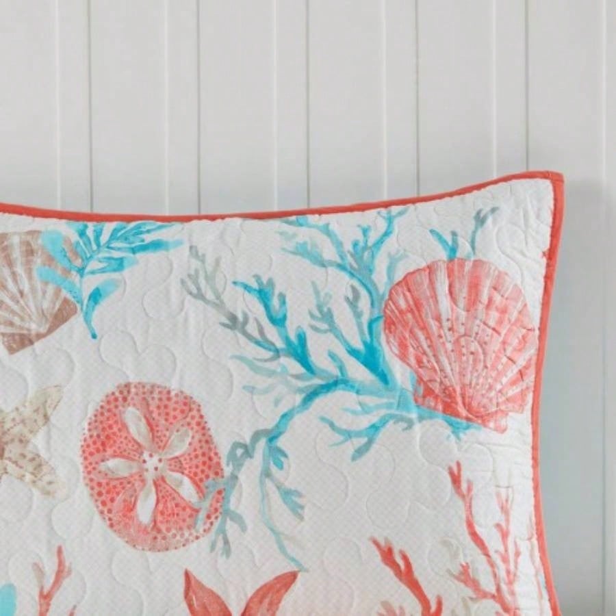 6 Piece Cotton Sateen Quilt Set with Throw Pillows Coral Full/