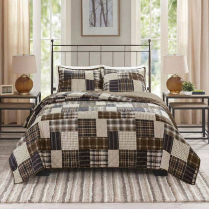 3 Piece Reversible Printed Quilt Set Black/Brown Full/