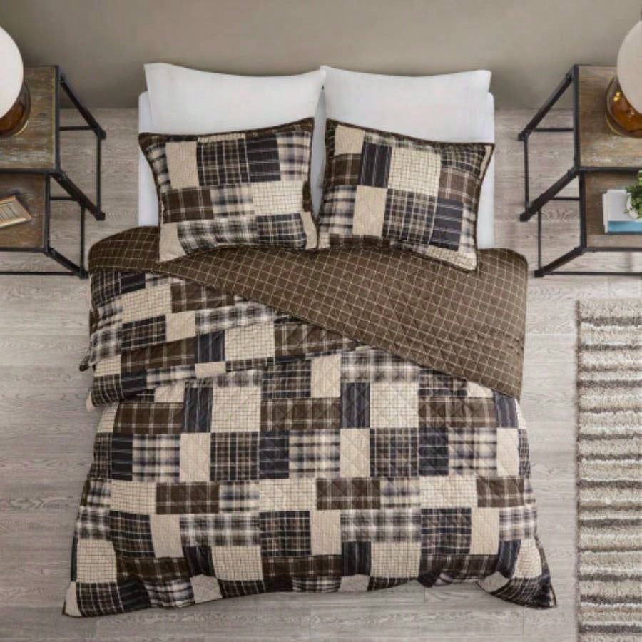 3 Piece Reversible Printed Quilt Set Black/Brown Full/
