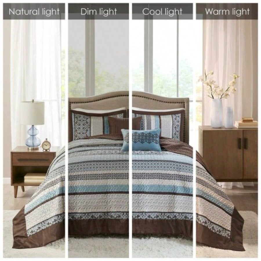 5 Piece Jacquard Quilt Set with Throw Pillows Blue Full/